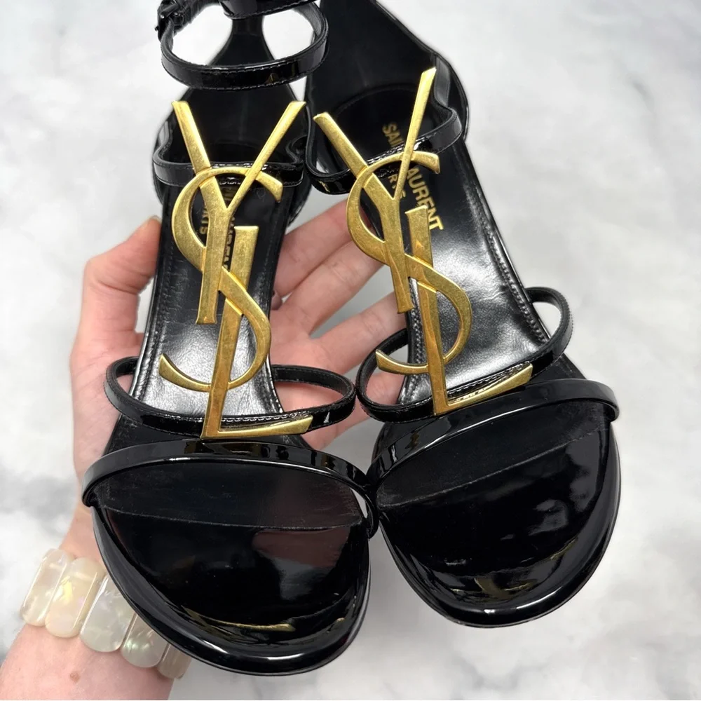 Saint Laurent YSL Cassandra Patent Leather Strappy Sandal Heels Black Gold 36.5 - Picture 5 of 16